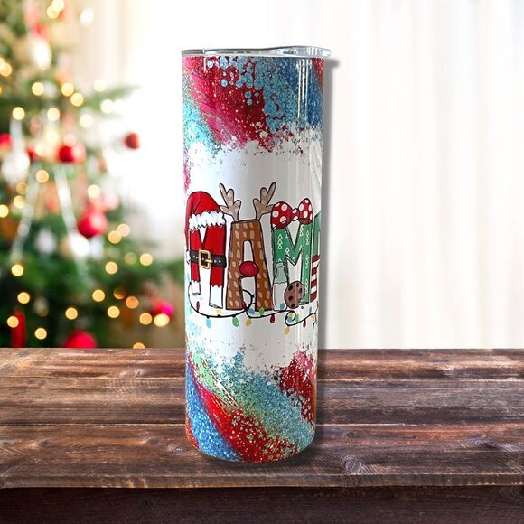 Mama Christmas Red Green Holiday Glitter Look 20 Oz Metal Tumbler w/Lid Straw - Picture 5 of 9